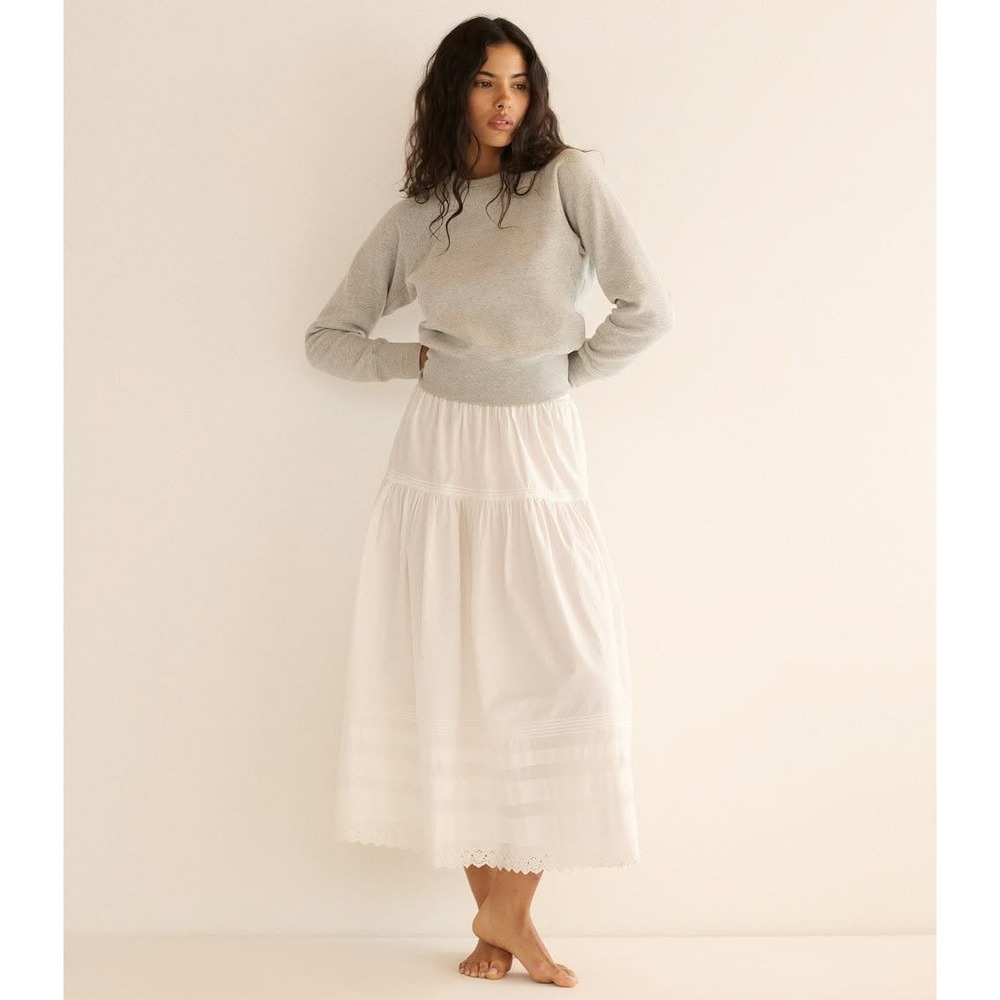 DOEN Sebastiane Skirt M Maxi Powder White Pintuck Eyelet Organic Cotton Prairie